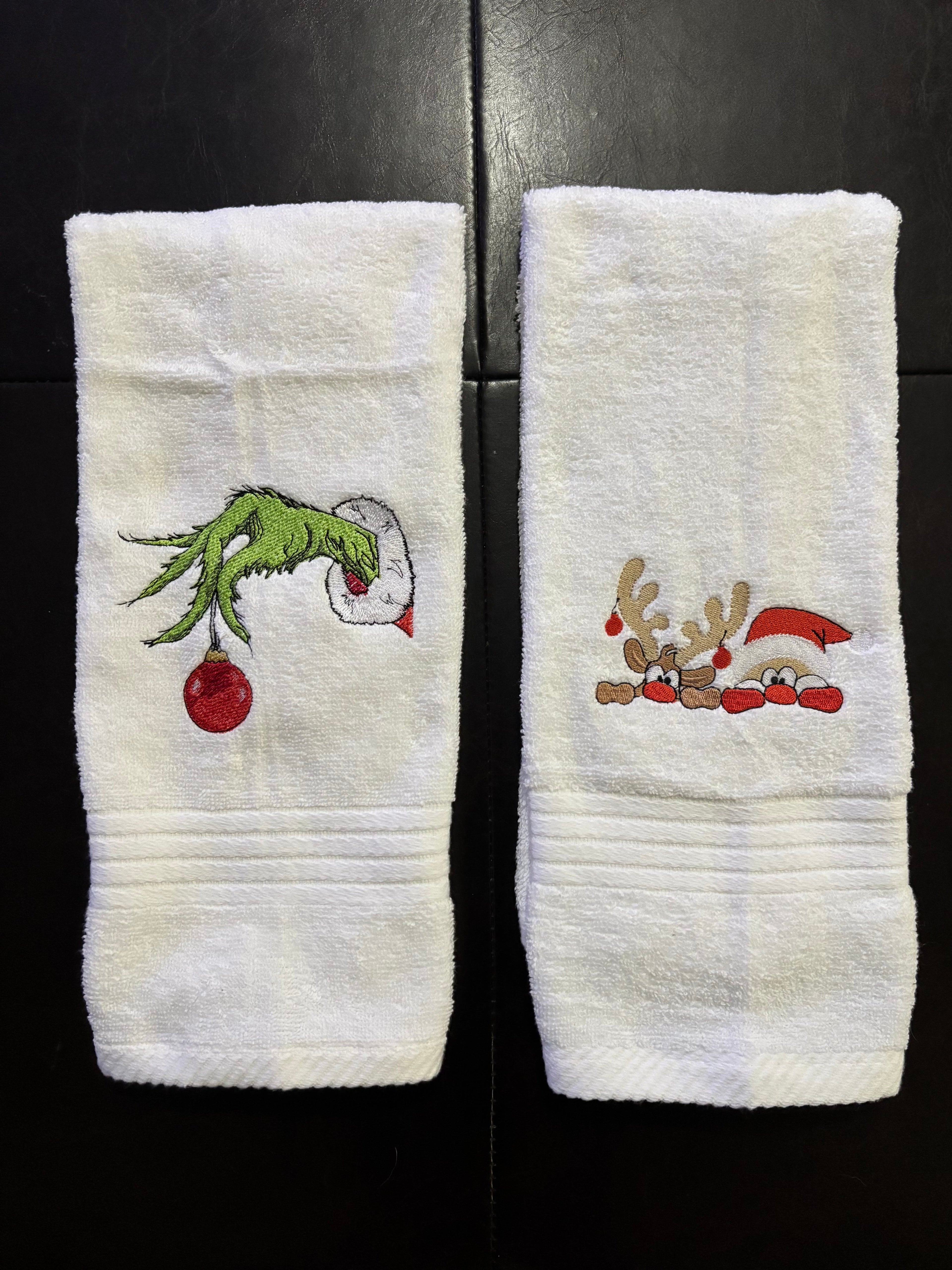 Santa and Reindeer Peeking Embroidered Bathroom Towel
