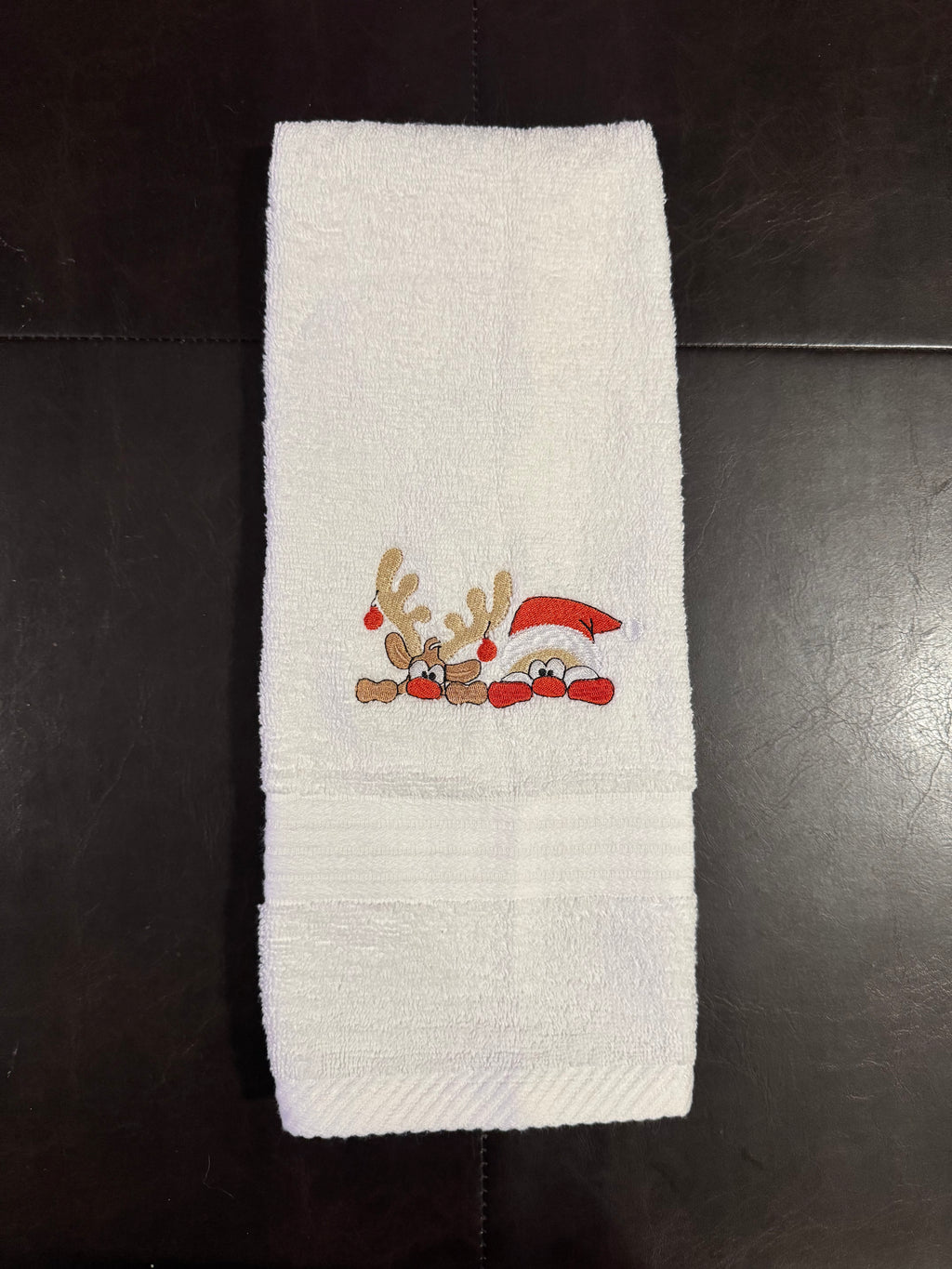 Santa and Reindeer Peeking Embroidered Bathroom Towel