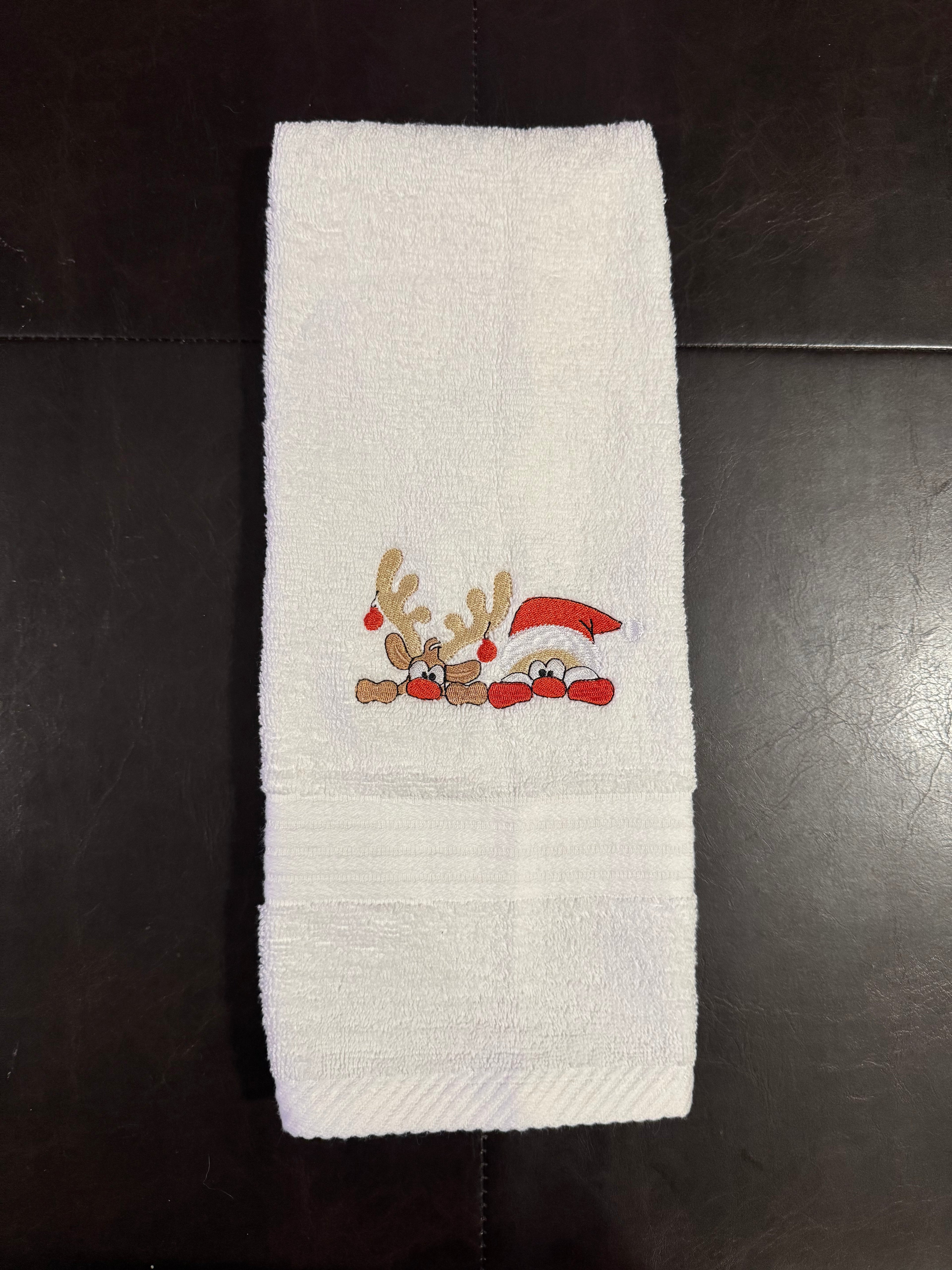 Santa and Reindeer Peeking Embroidered Bathroom Towel