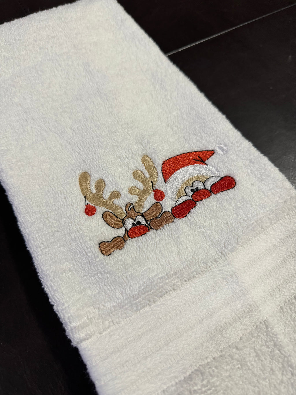Santa and Reindeer Peeking Embroidered Bathroom Towel
